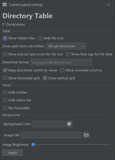 Panel settings screenshot