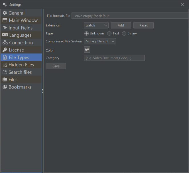 Screenshot of File Types settings