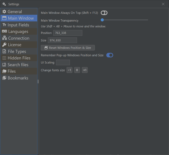 Screenshot of Main Window settings
